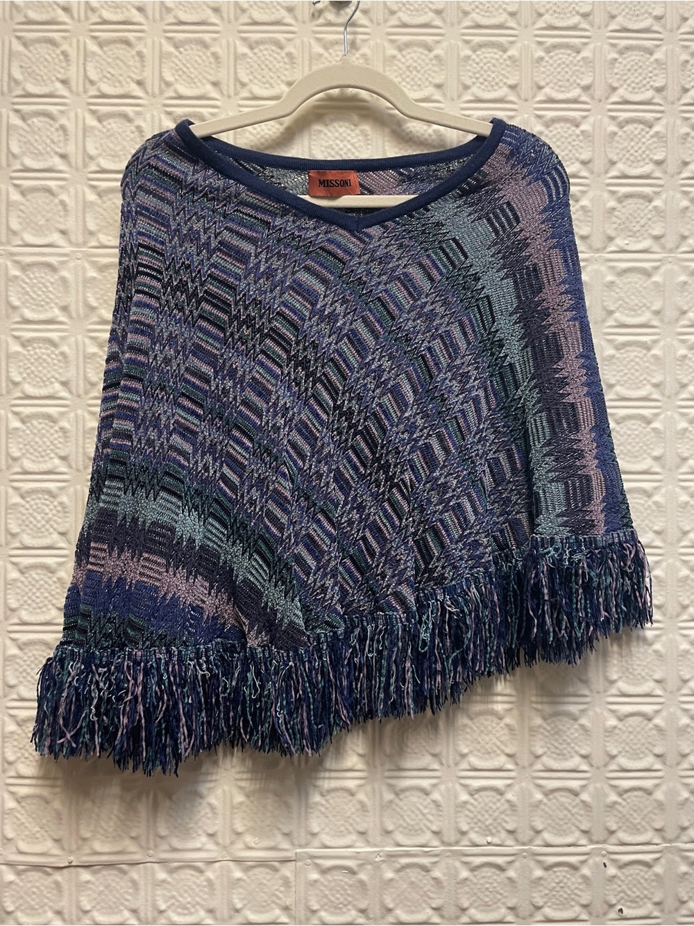 Missoni Blue Purple Multicolor Fringe Knit Poncho